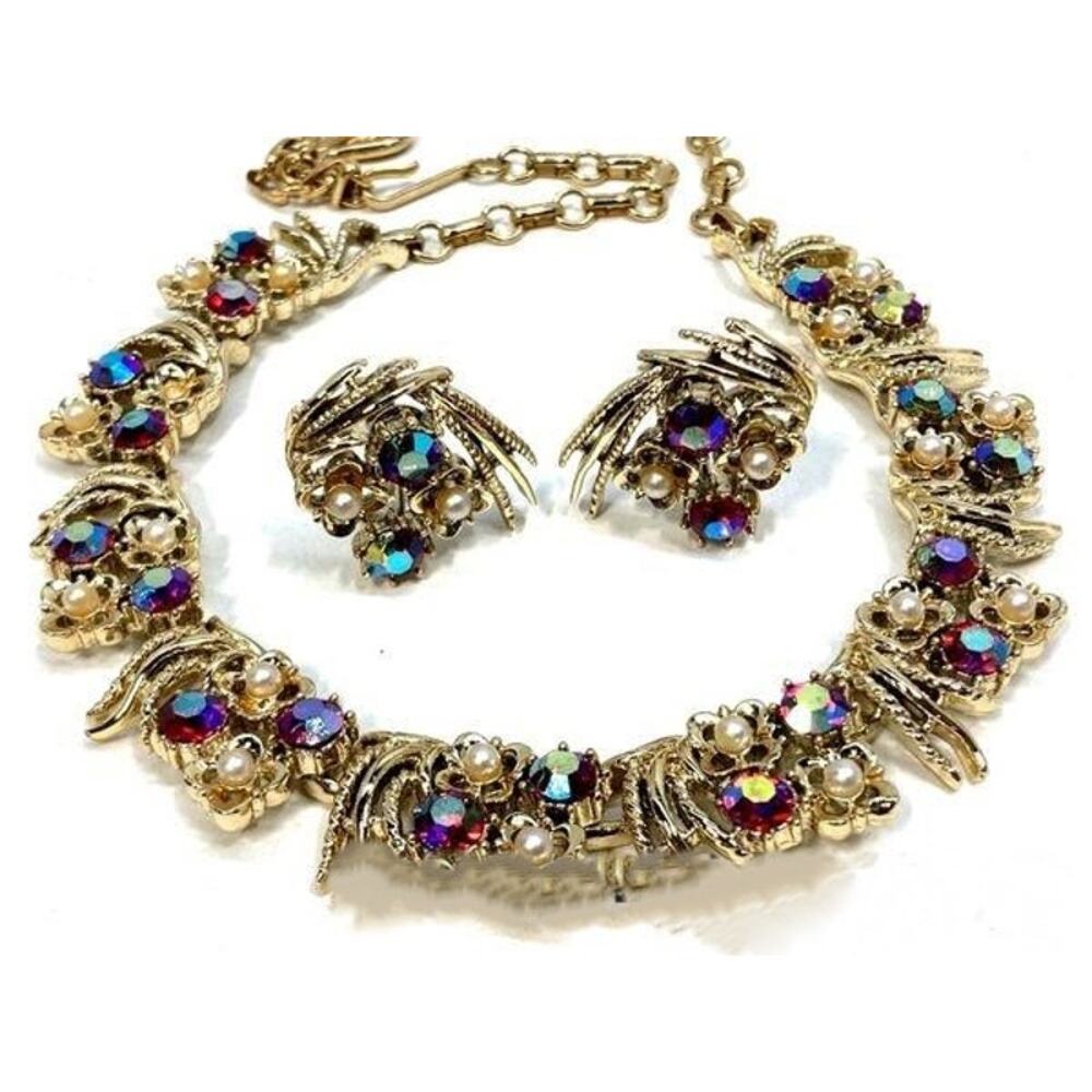 Vintage Signed Coro Aurora Borealis Rhinestone Faux Pearl Demi Parure Set